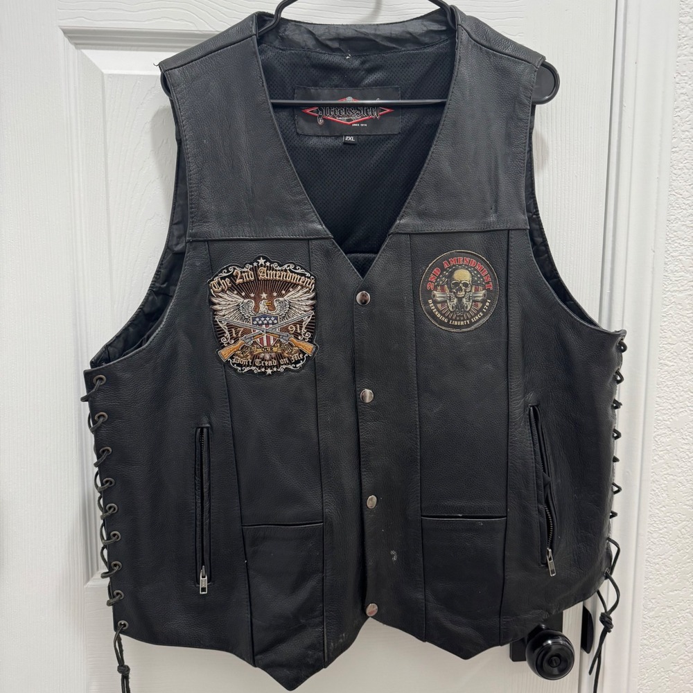 Vintage Street & Steel Leather Biker Vest Heavy Thick Patches Skulls Guns XXL